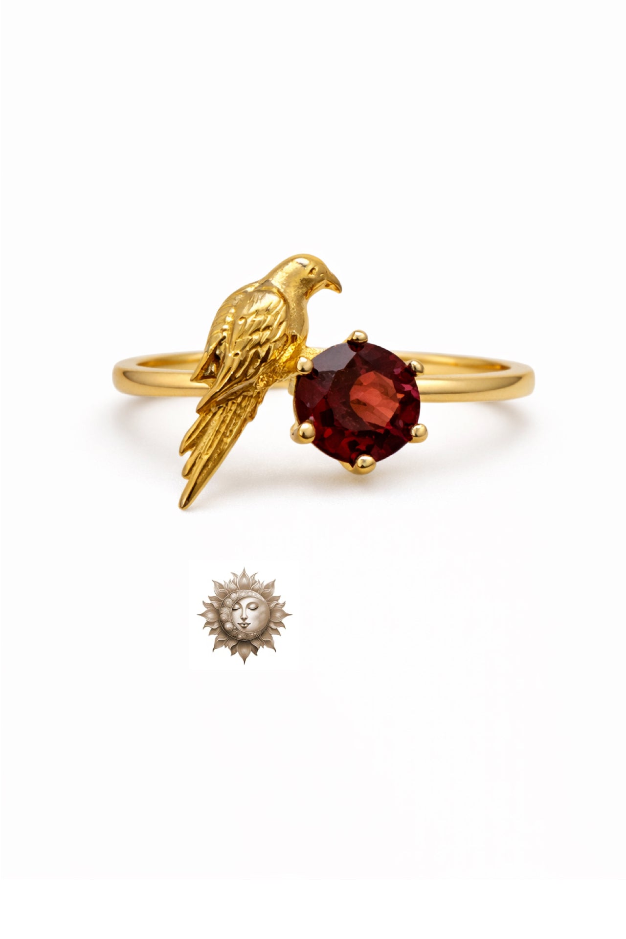 Garnet Bird Ring 18 Carat Gold Plated 925 Sterling Silver Adjustable