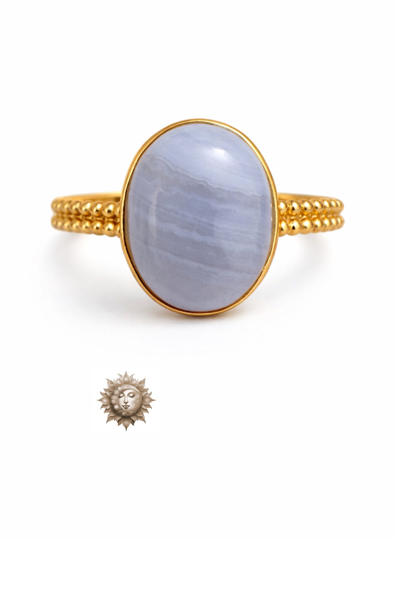 Blue Lace Agate 18 Carat Gold Plated 925 Sterling Silver Ring Adjustable