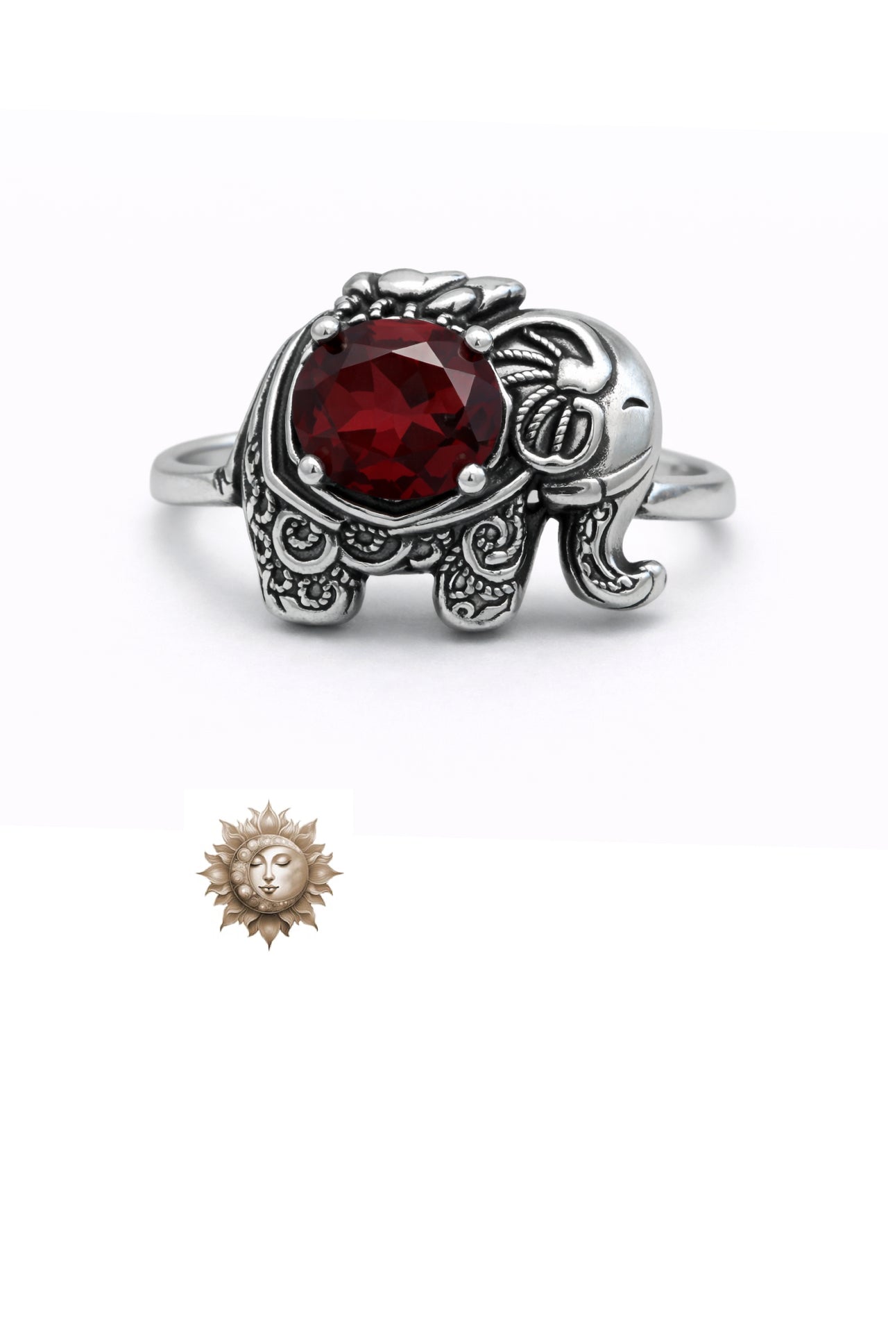 Garnet Elephant Ring Adjustable 925 Sterling Silver