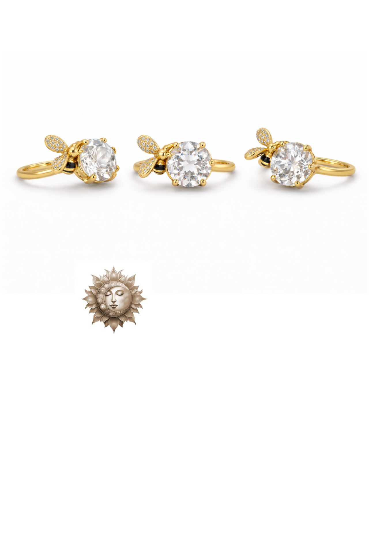 Clear Quartz Bee Ring 18 Carat Gold Plated 925 Sterling Silver