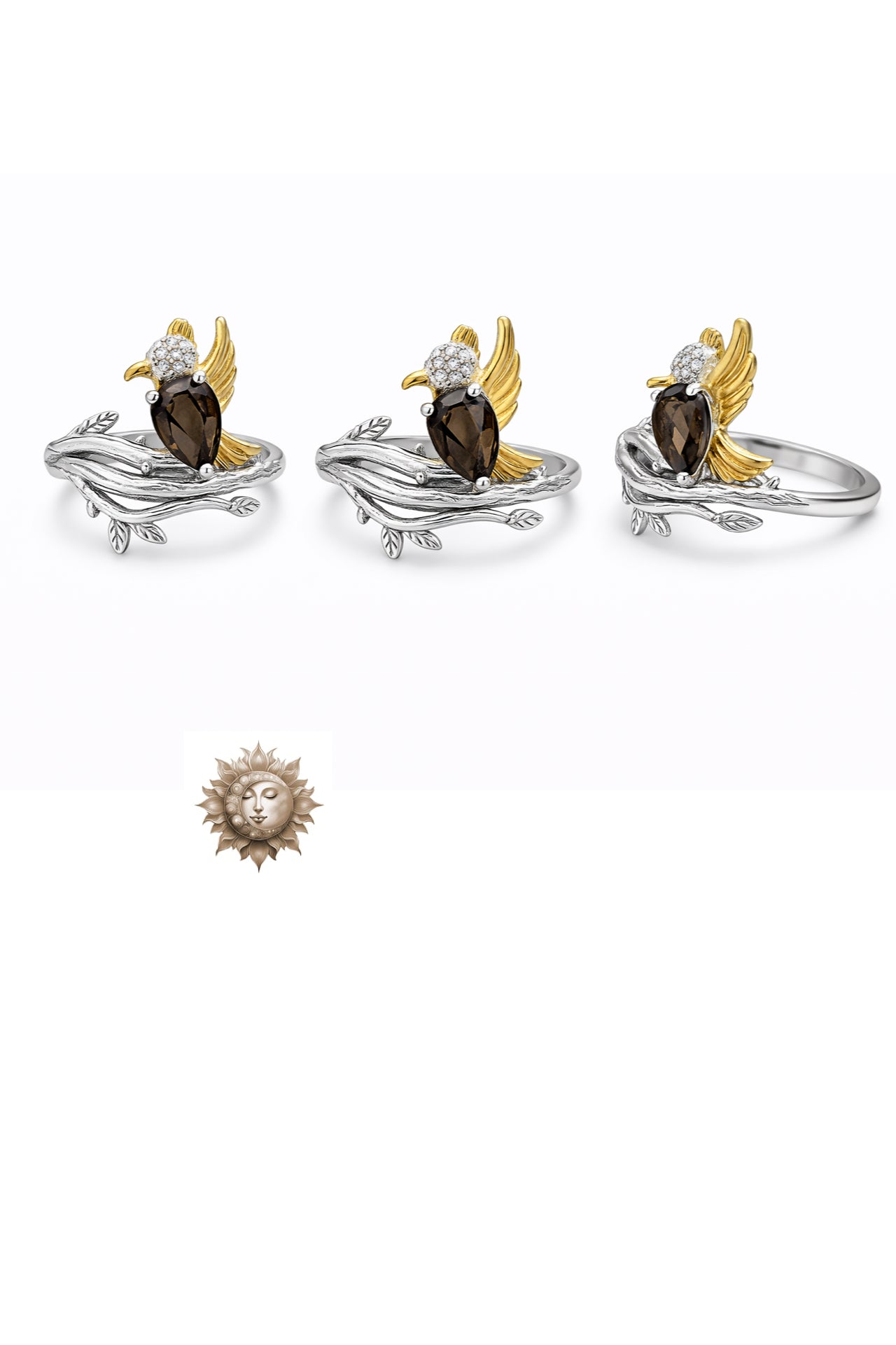 Smokey Quartz Adjustable Bird Ring 925 Sterling Silver