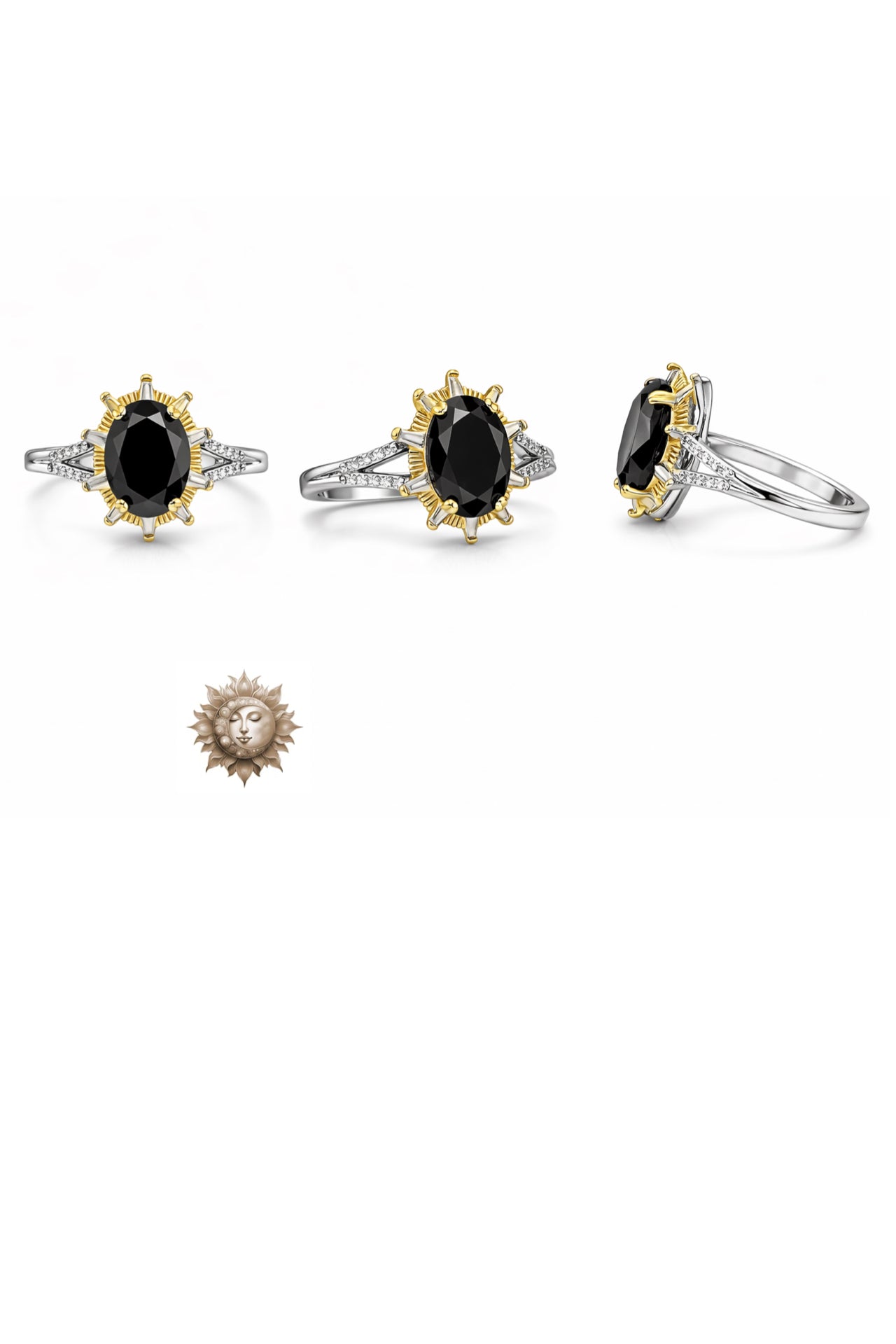 Faceted Black Tourmaline Two Toned 925 Sterling Silver Adjustable Ring