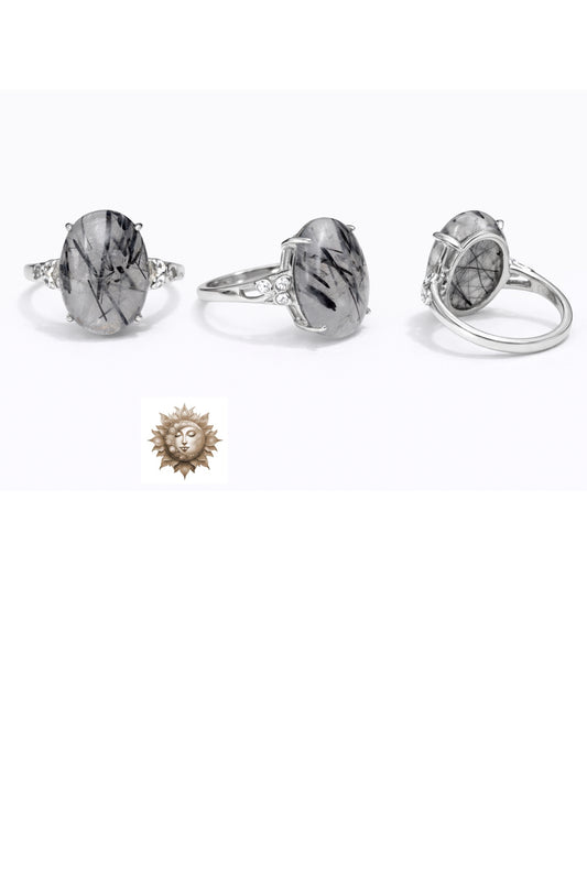 Black Tourmaline in Quartz 925 Sterling Silver Adjustable Ring