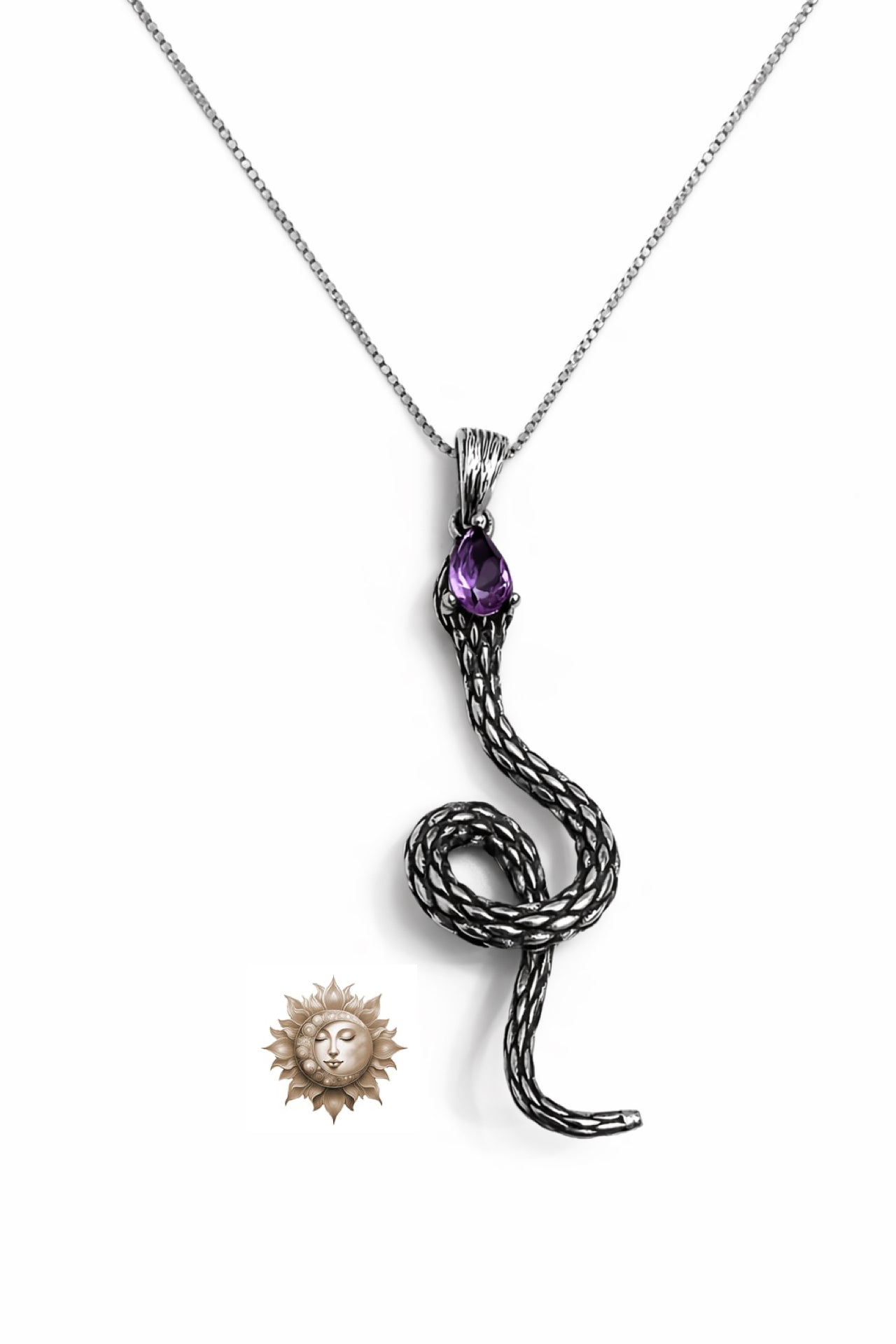 Amethyst Snake Pendant and Chain 925 Sterling Silver