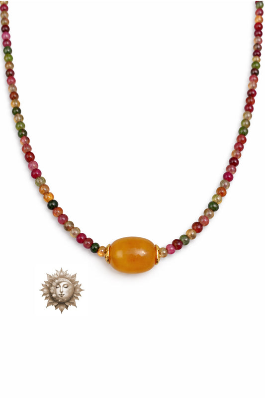 Colourful Tourmaline and Beeswax Amber Beaded Necklace