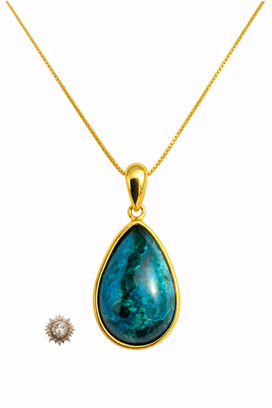 Chrysocolla Tear Drop Pendant and Chain 18 Carat Gold Plated 925 Sterling Silver