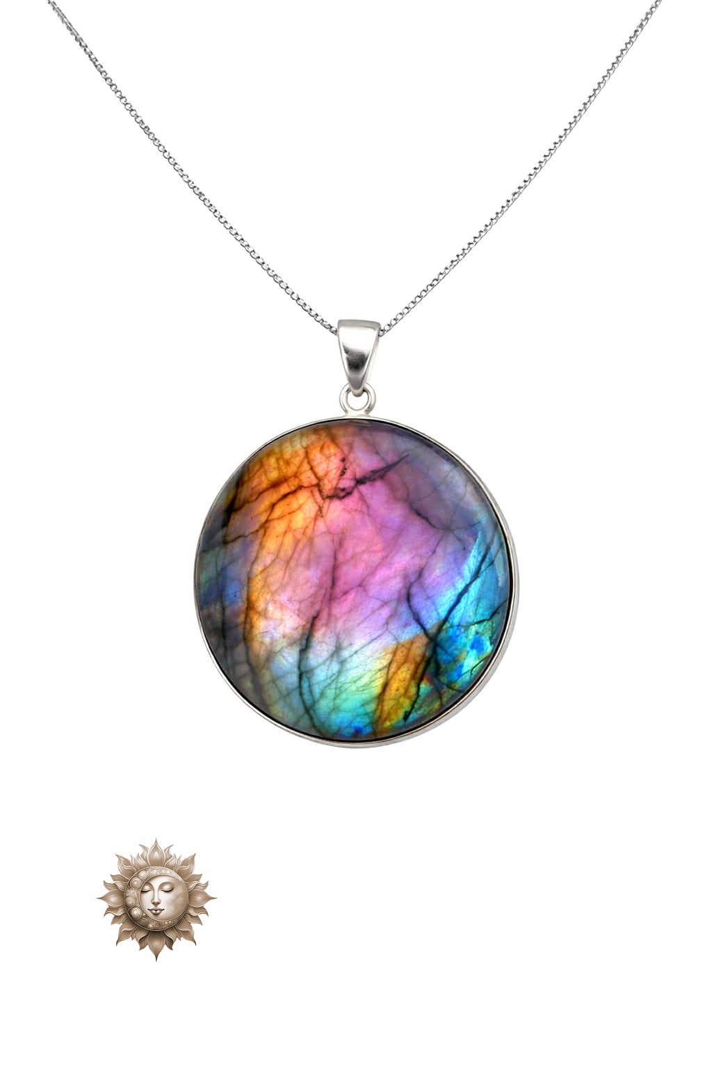 Labradorite Circular Pendant and Chain - A true showstopper