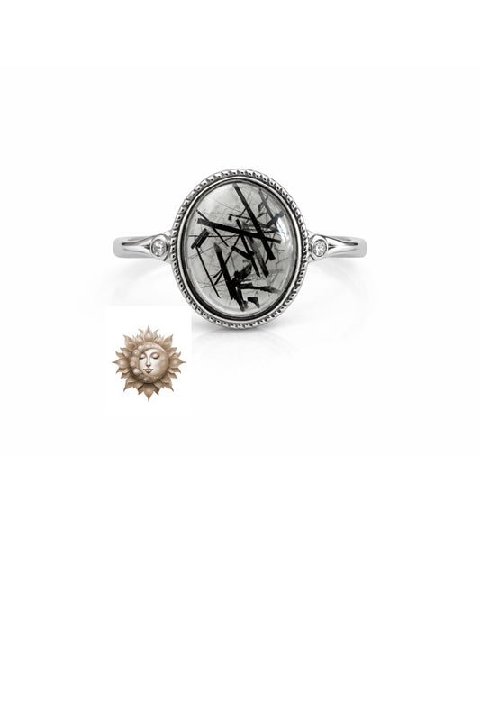 Black Tourmaline in Quartz and Zircon Adjustable 925 Sterling Silver Ring