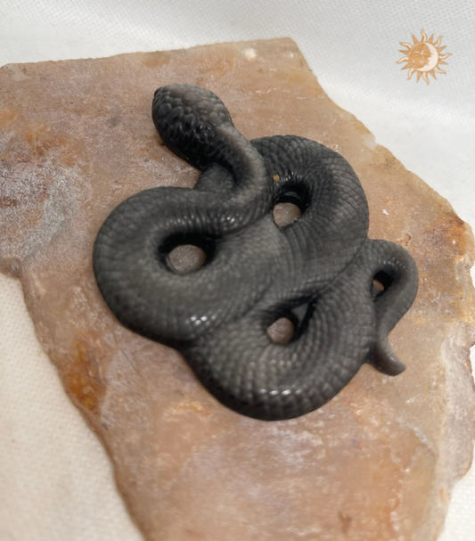 Silver Sheen Obsidian Snake Carving
