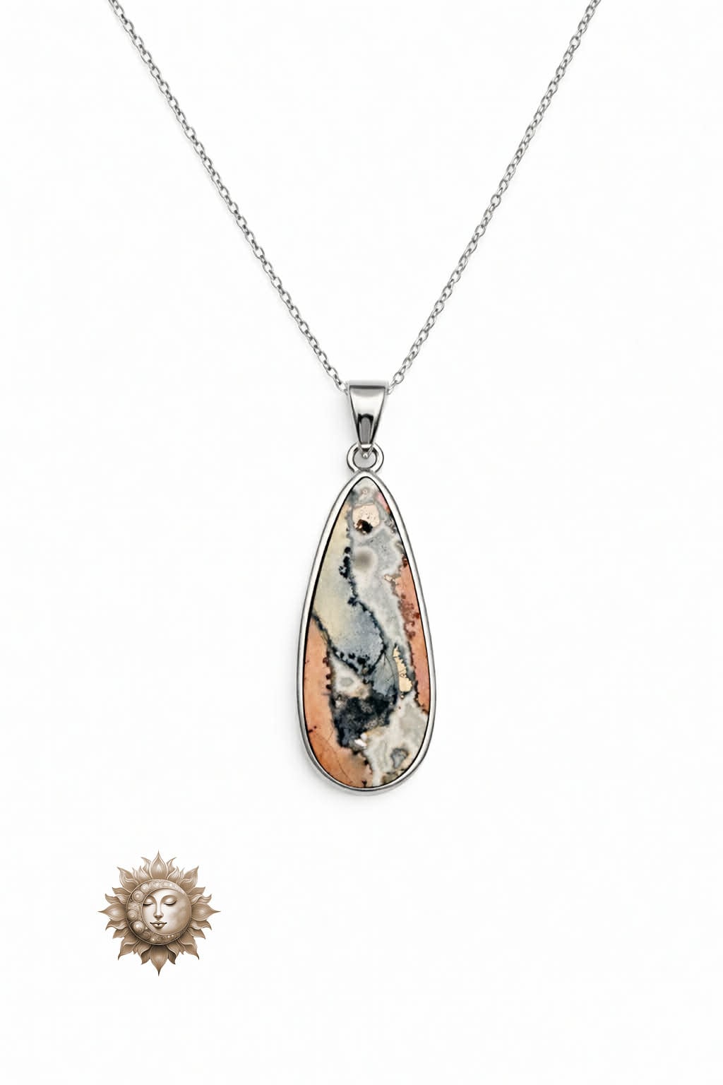 Maligano Jasper Tear Drop Pendant and Chain 925 Sterling Silver