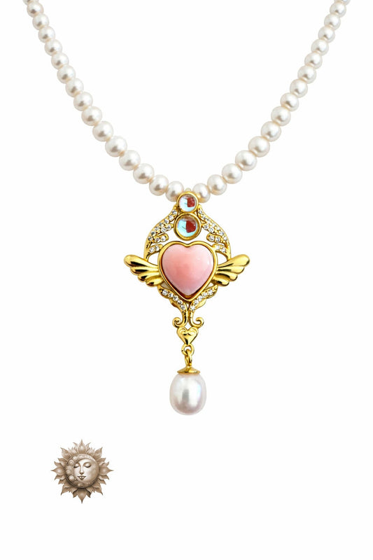 Heart Wings - Pink Conch, Opalite and Zircon Necklace 18 Carat Gold Plated 925 Sterling Silver