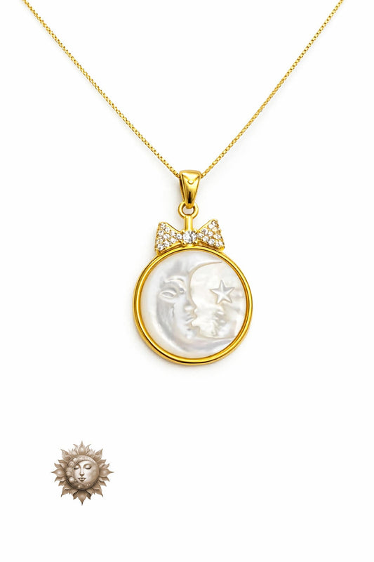Shell Stone Moon Carved 18 Carat Gold Plated Sterling Silver Pendant and Chain