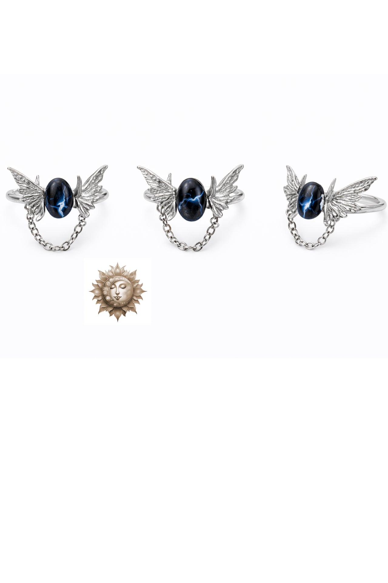 Blue Tiger Eye Drop Chain 3D Butterfly Adjustable 925 Sterling Silver Ring