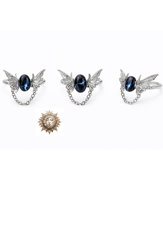 Blue Tiger Eye Drop Chain 3D Butterfly Adjustable 925 Sterling Silver Ring