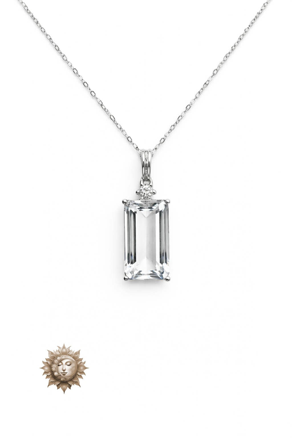 Emerald Cut Clear Quartz Pendant and Chain 925 Sterling Silver