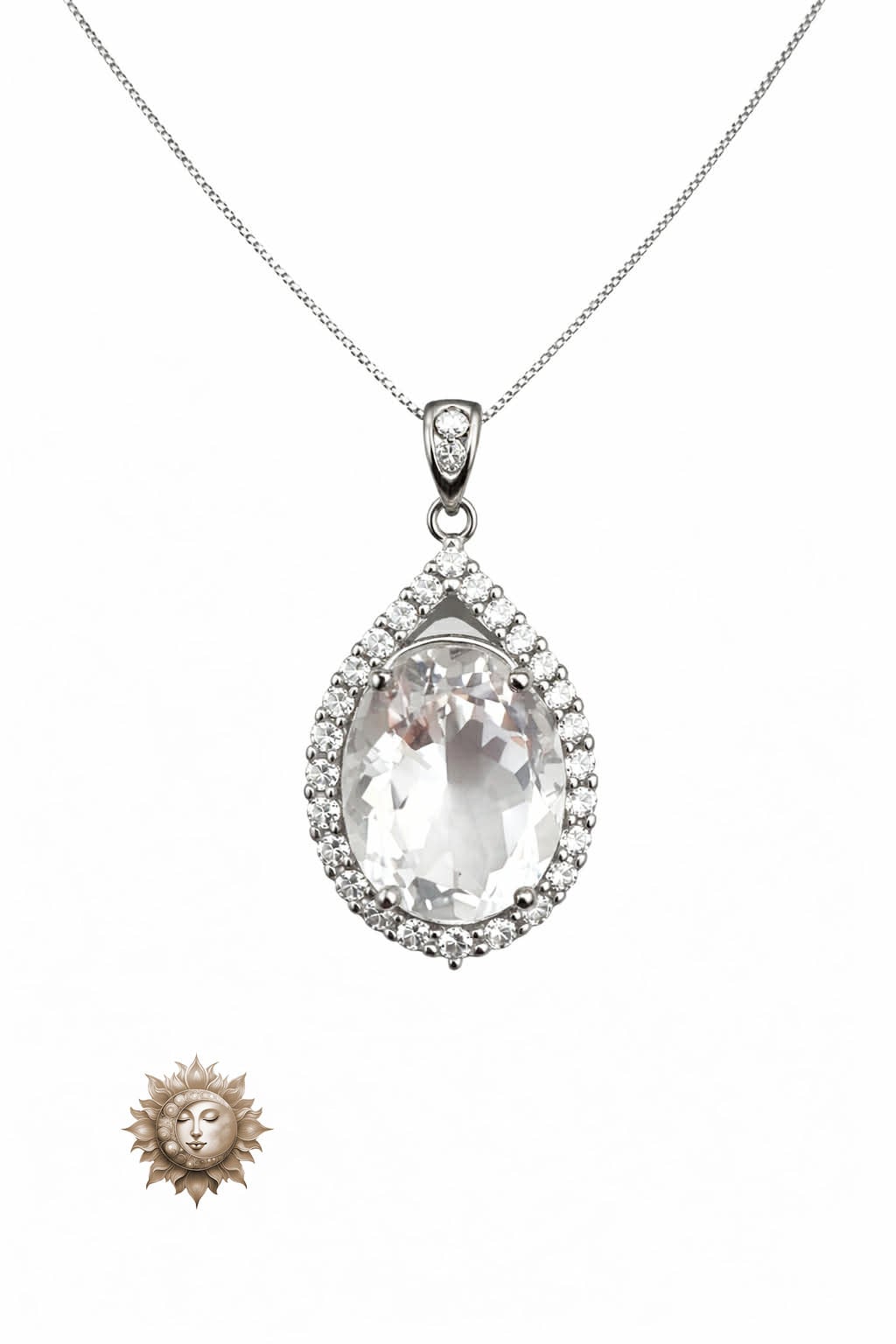 Clear Quartz and Zircon Teardrop Pendant and Chain 925 Sterling Silver