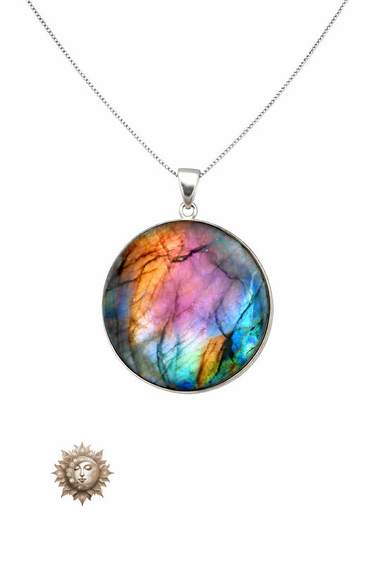 Labradorite Circular Pendant and Chain - A true showstopper
