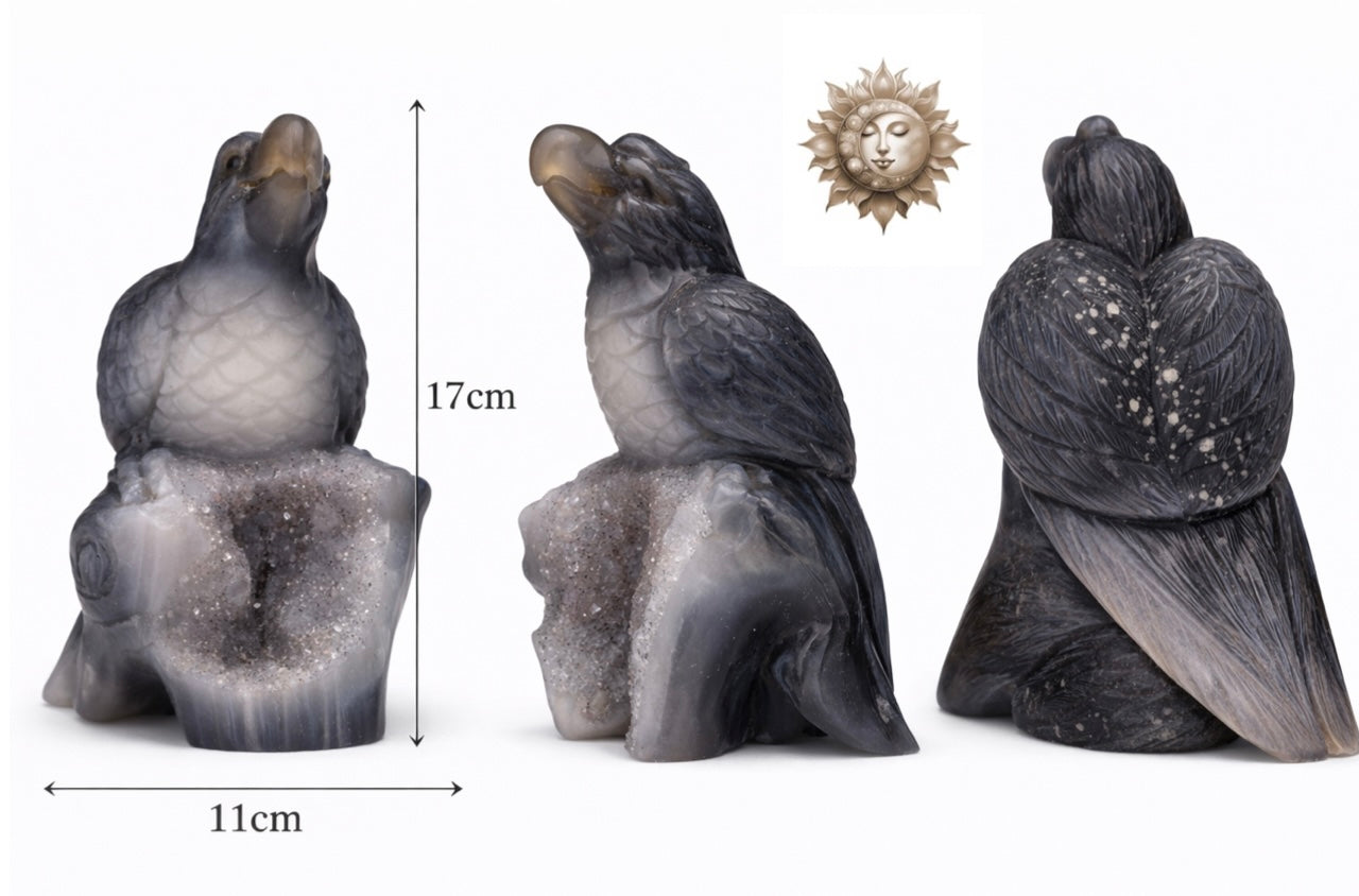 Hand Carved Agate Bird with Amethyst Druzy and Hematite Inclusions – Natural Crystal Sculpture
