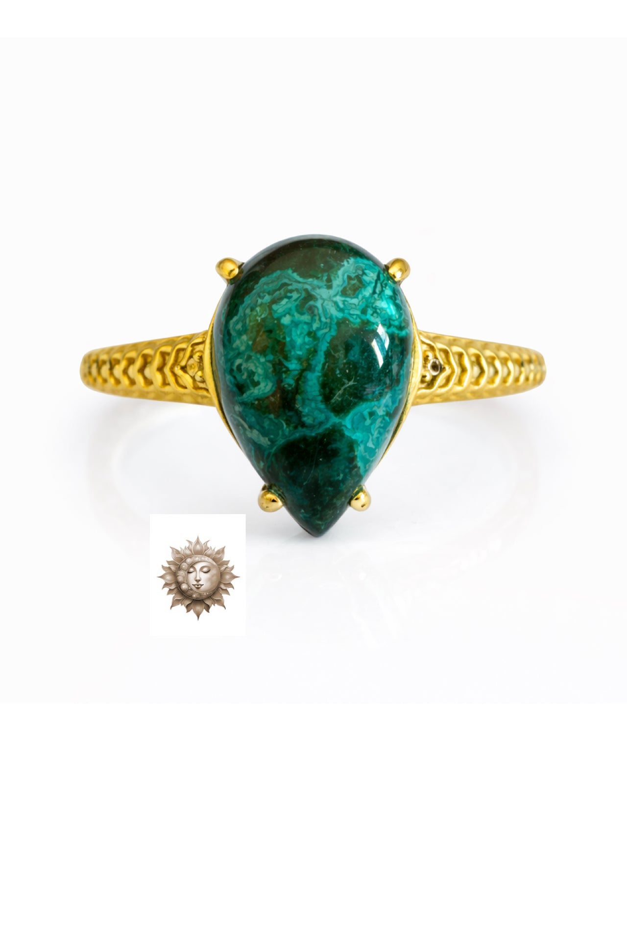 Statement Tear Drop Chrysocolla Adjustable 18 Carat Gold Plated 925 Sterling Silver Ring