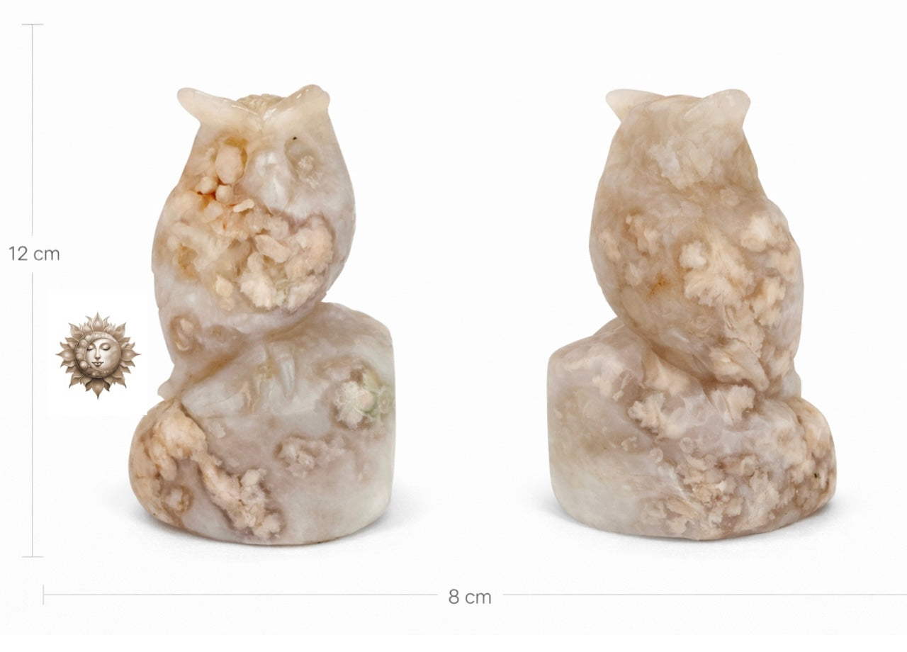 Flower Agate Owl Carving – Natural Crystal Owl Sculpture with UV Reactive Detail