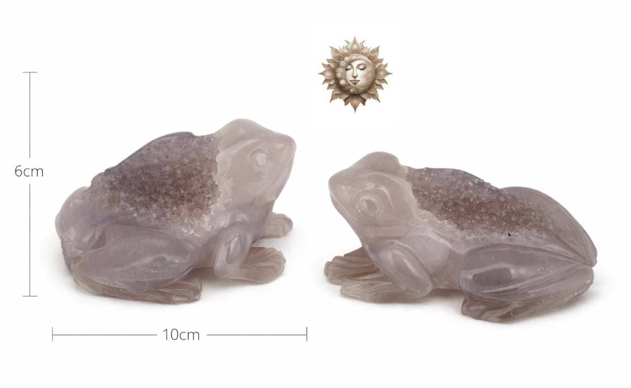 Druzy Agate Frog Carving with Amethyst Druzy – Natural Crystal Frog Sculpture