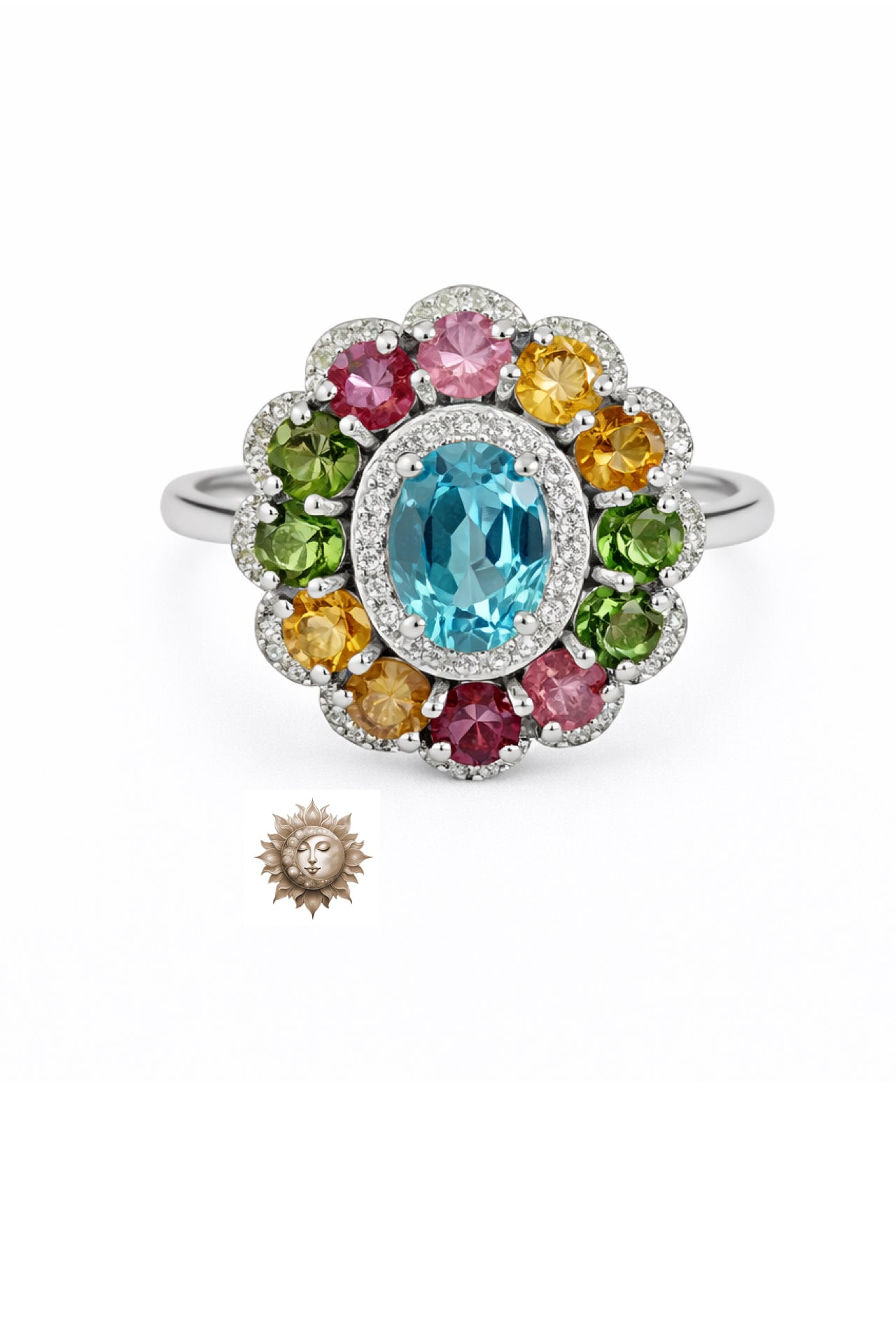 Statement Blue Topaz and Colourful Tourmaline Adjustable 925 Sterling Silver ring