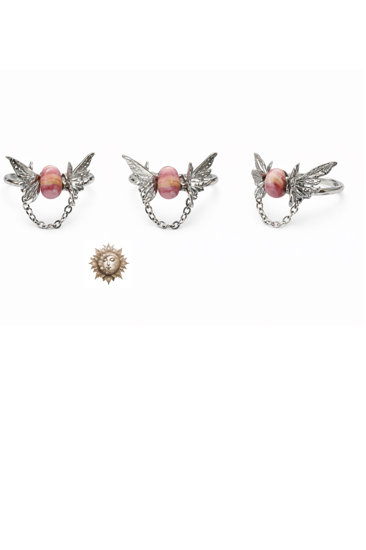 Rhodochrosite Drop Chain 3D Butterfly 925 Sterling Silver Adjustable Ring
