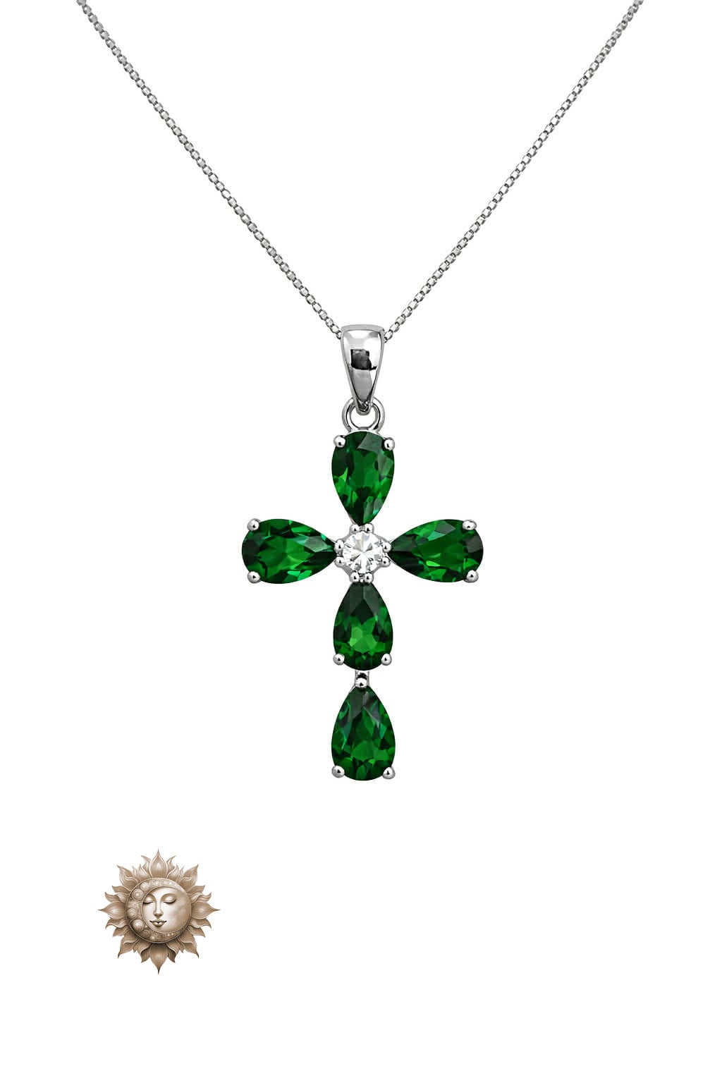 Dioptase and Moissanite Cross Pendant and Necklace 925 Sterling Silver