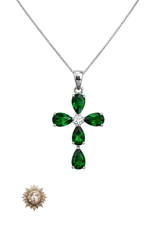 Dioptase and Moissanite Cross Pendant and Necklace 925 Sterling Silver