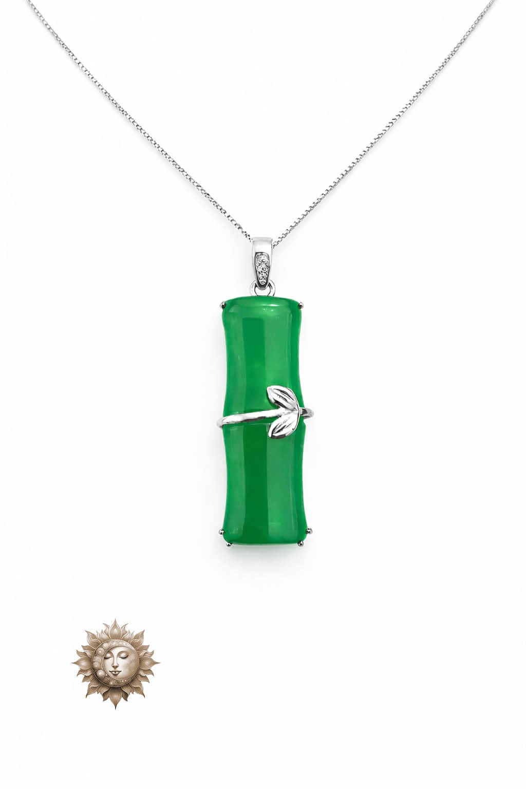 Bamboo Carved Jadeite With Leaf Accent  Pendant and Chain 925 Sterling Silver