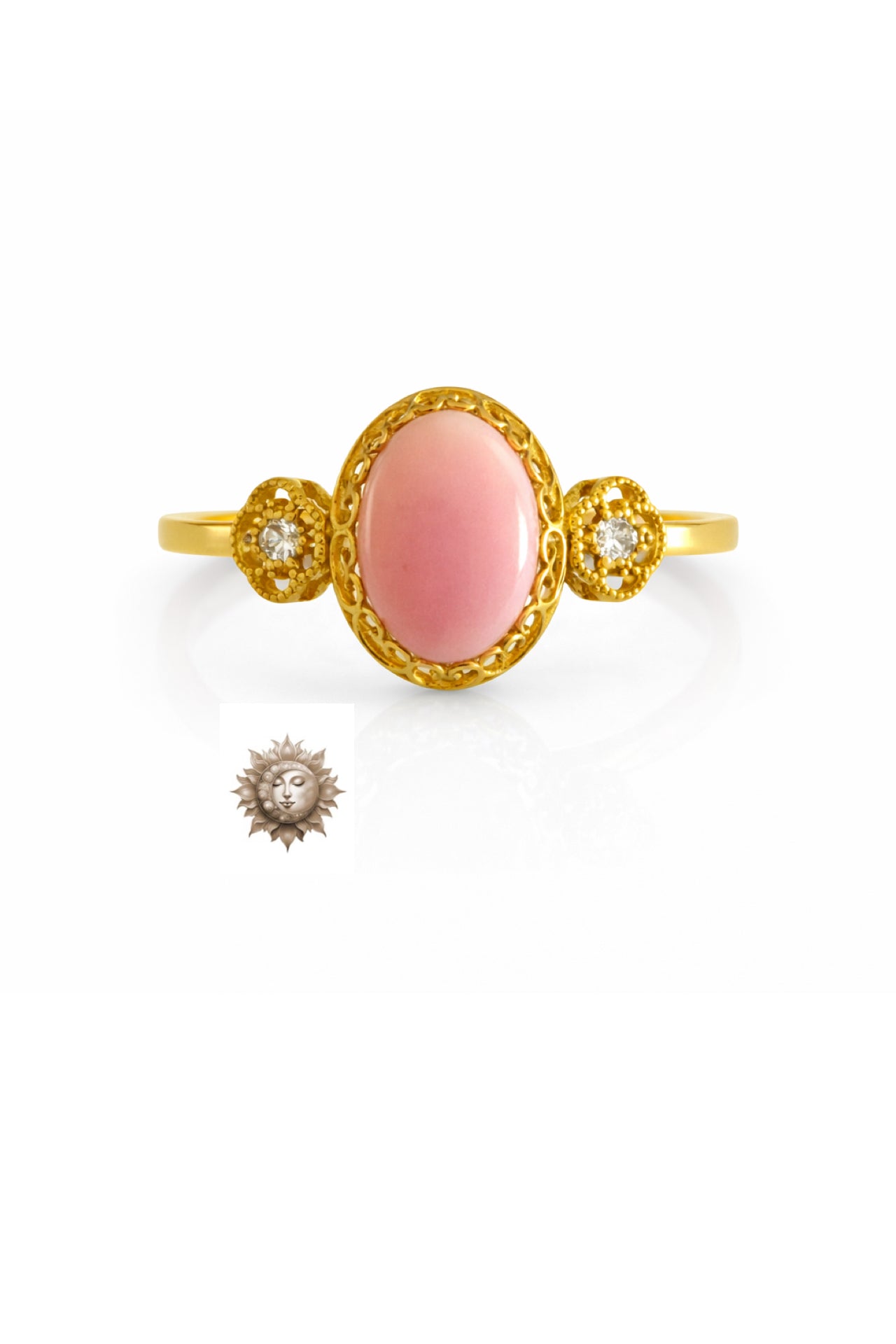 Pink Conch Shell and Moissanite Adjustable 18 Carat Gold Plated 925 Sterling Silver Ring