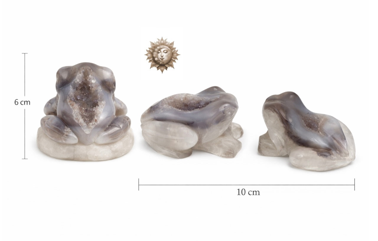 Druzy Agate Frog Carving with Amethyst Hints – Natural Crystal Frog Sculpture