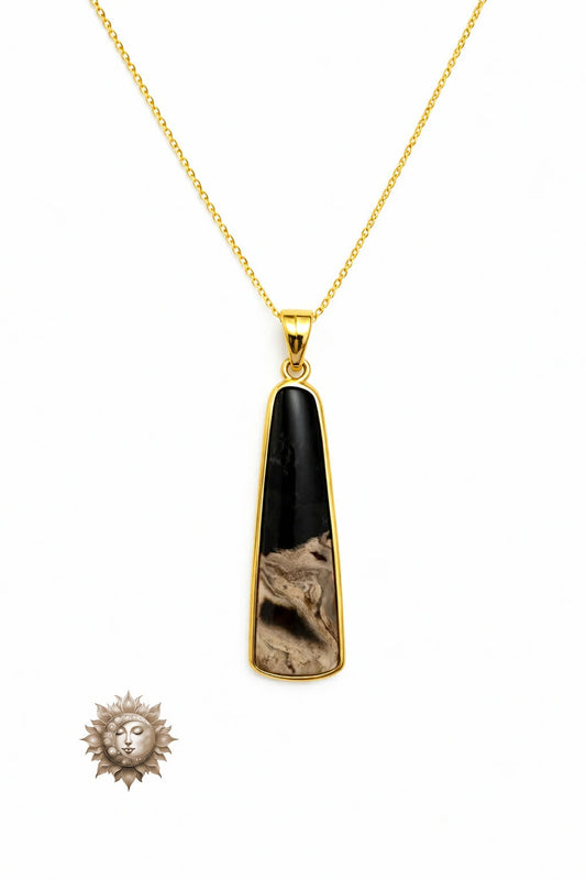 Petrified Wood Elongated 18 Carat Gold Plated Sterling Silver Pendant and Chain