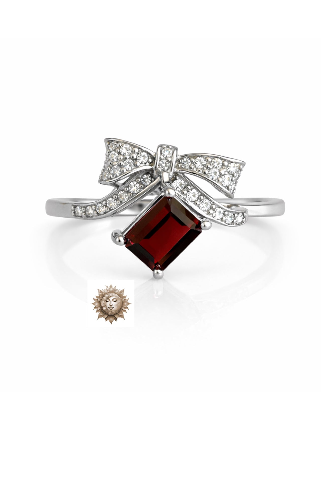 Garnet and Zircon Bow Detail Crystal Adjustable 925 Sterling Silver Ring