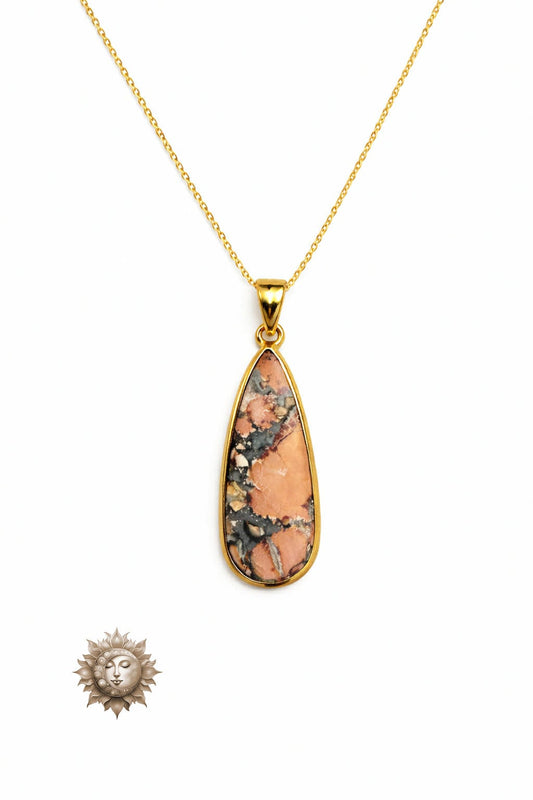 Maligano Jasper Tear Drop Pendant and Chain 18 Carat Gold Plated 925 Sterling Silver