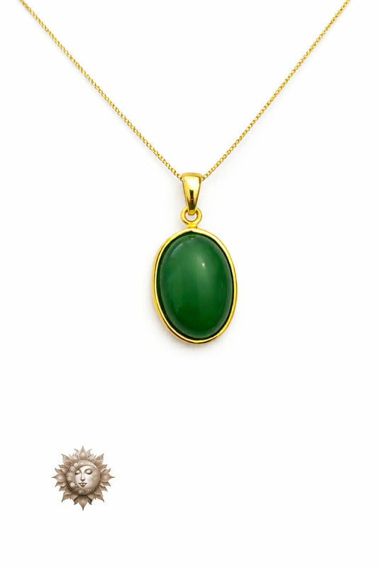 Green Jade Oval Pendant and Chain 18 Carat Gold Plated Sterling Silver