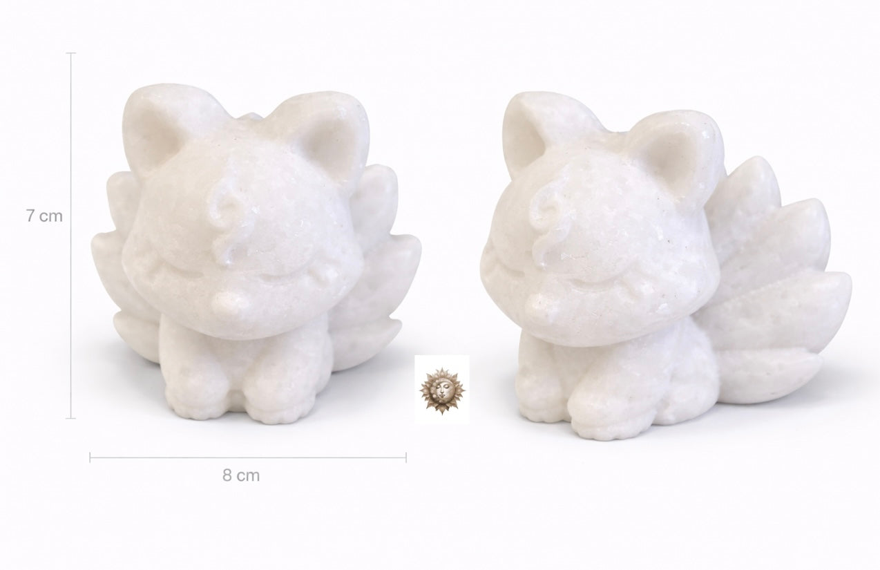 White Jade Nine-Tailed Fox (Kitsune) Carving – Natural Jade Crystal Figurine