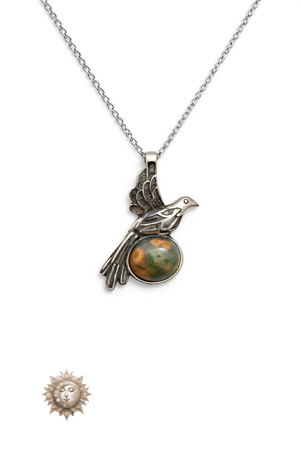 Ocean Jasper Bird 925 Sterling Silver Pendant and Chain