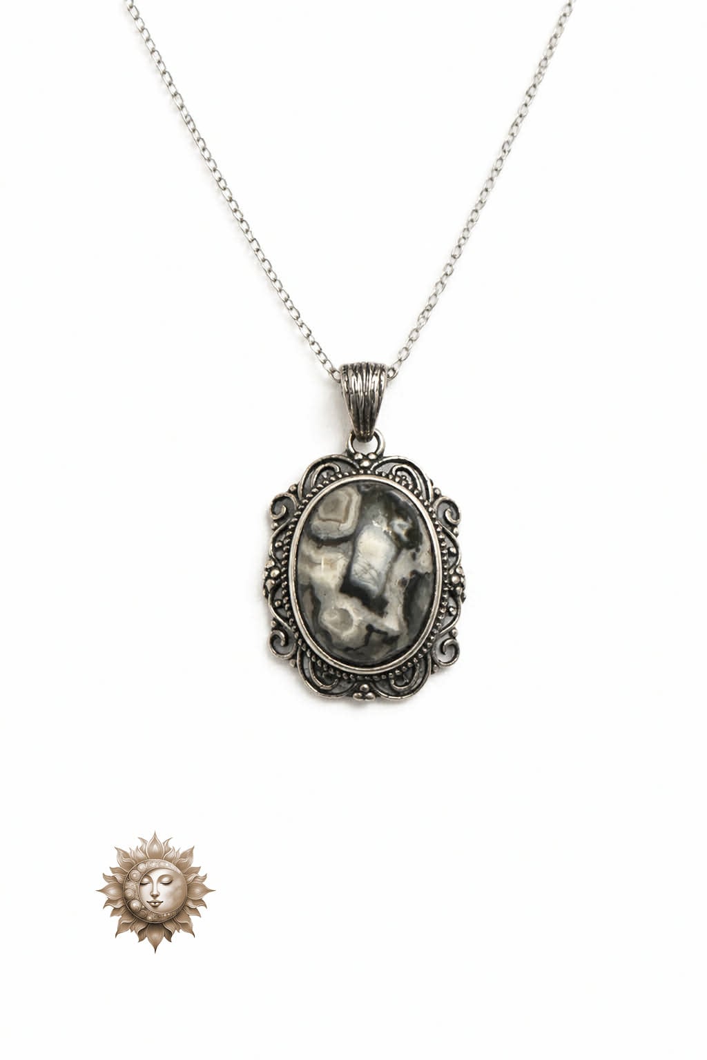 Vintage Style Picasso Jasper Pendant and Chain 925 Sterling Silver