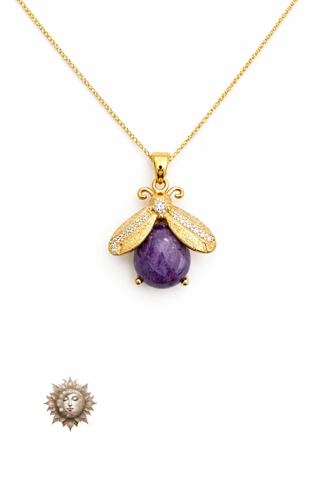 Charoite Bee Pendant and Necklace 18 Carat Gold Plated 925 Sterling Silver