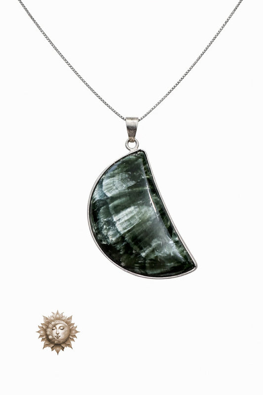 Statement Seraphinite Moon Shape Pendant and Chain 925 Sterling Silver