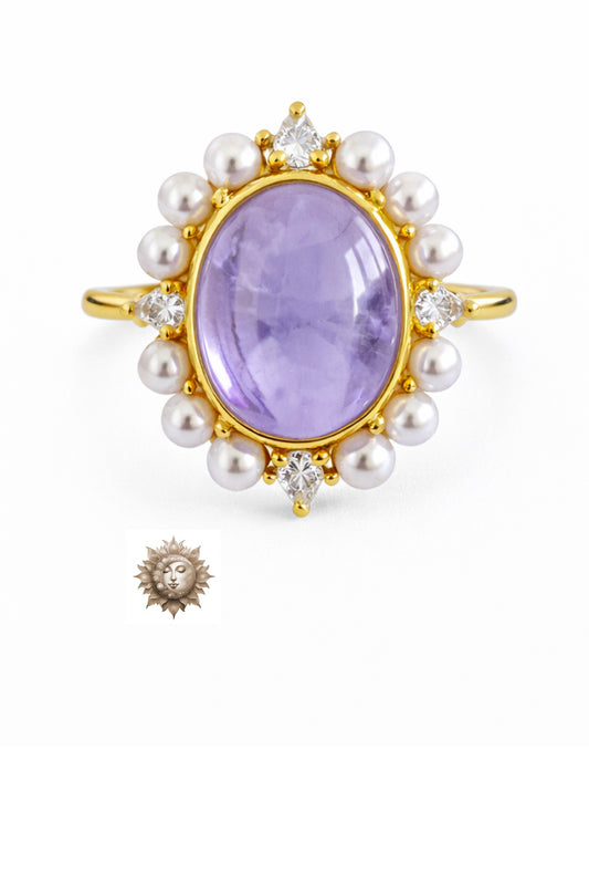 Amethyst Pearl and Moissanite 18 Carat Gold Plated 925 Sterling Silver Ring