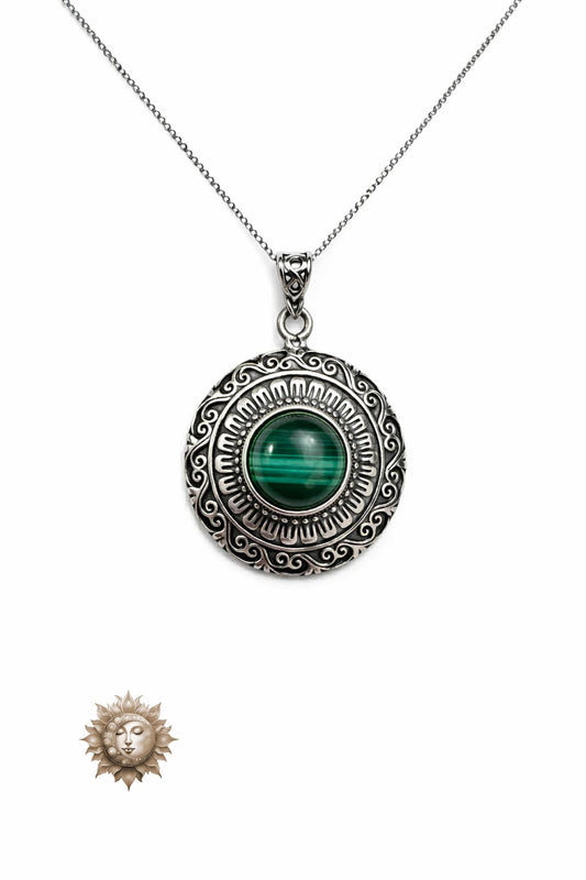 Vintage Style Malachite Pendant and Chain 925 Sterling Silver
