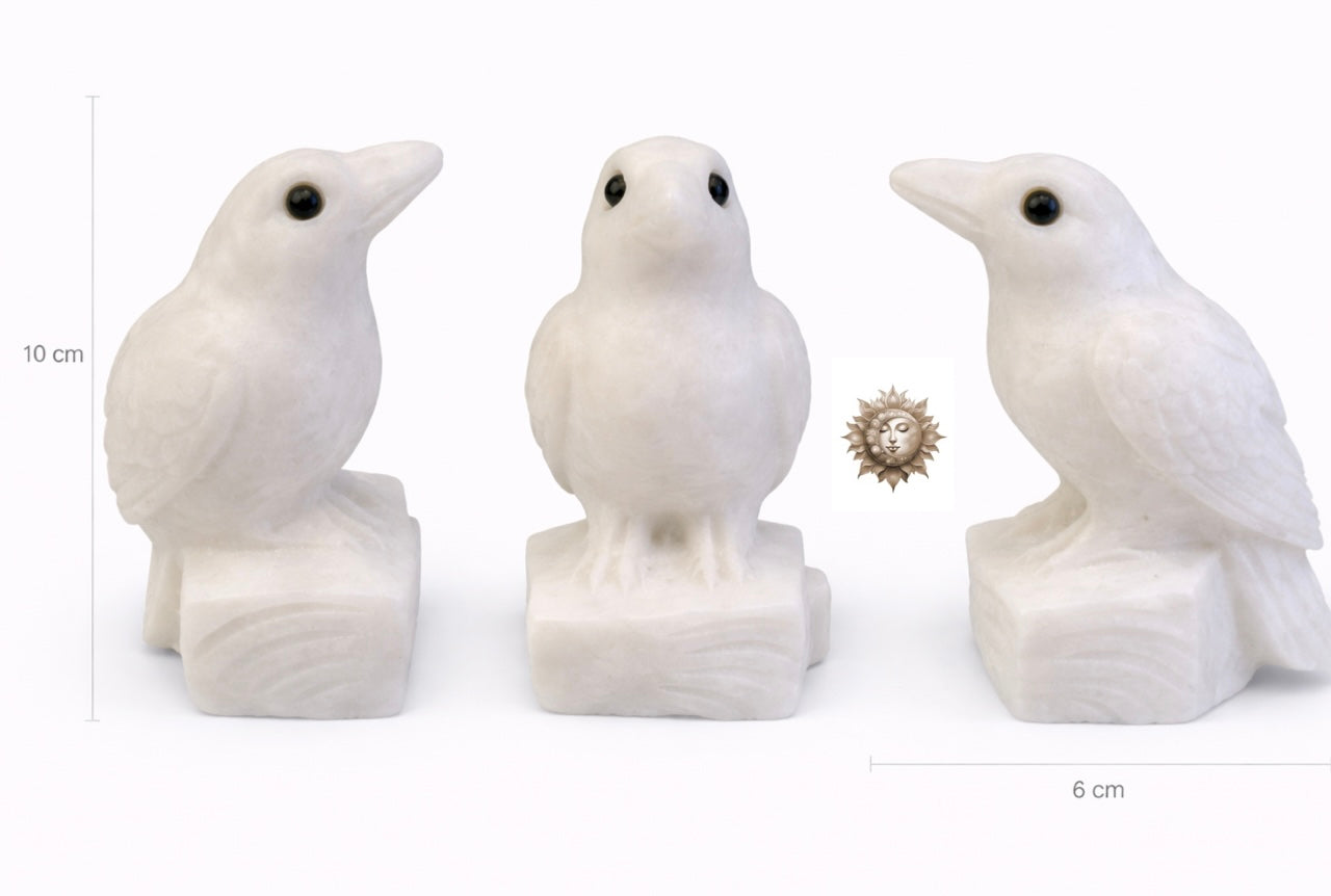 White Jade Raven Carving – Natural Jade Crystal Raven Figurine Décor