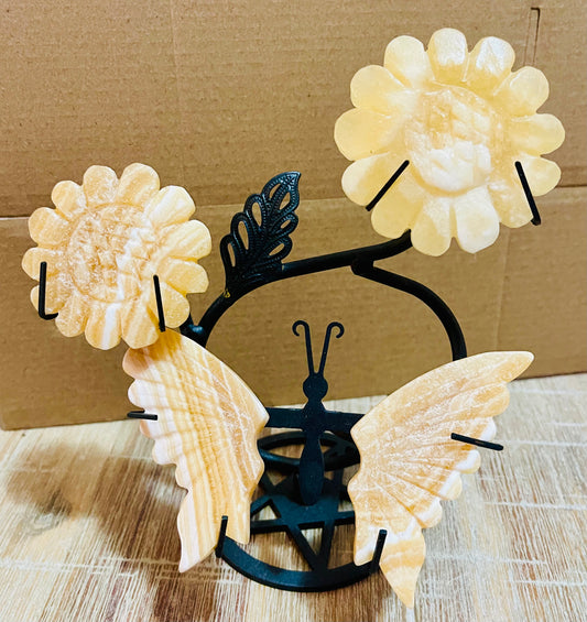 Butterfly and Flower display on stand- yellow calcite