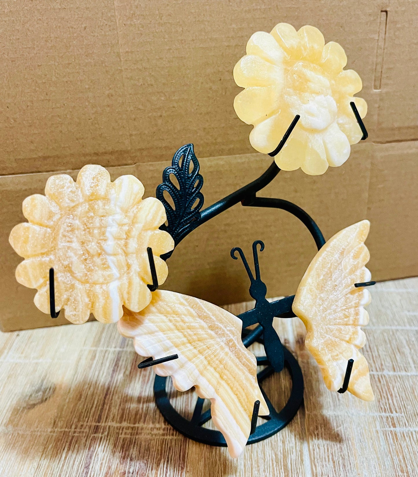 Butterfly and Flower display on stand- yellow calcite