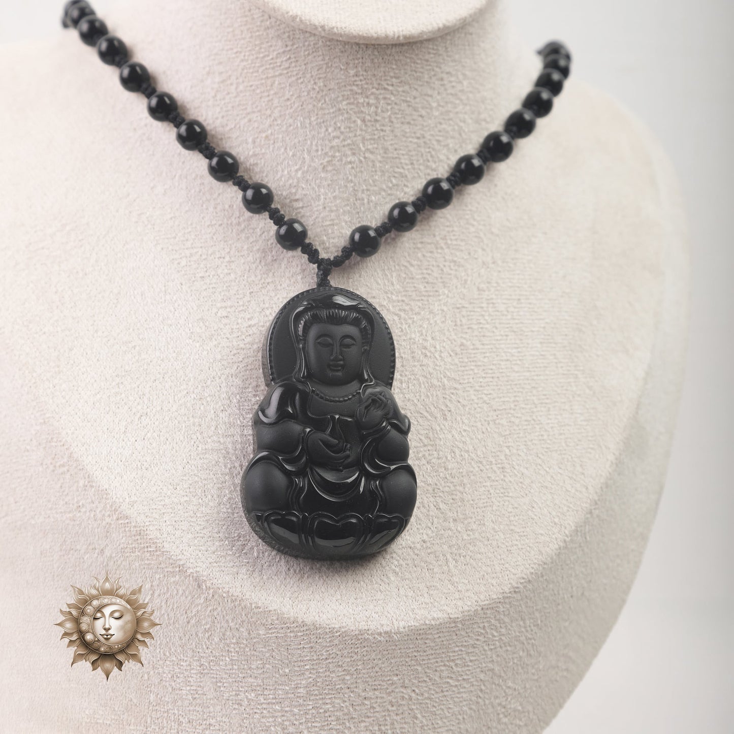 Black Obsidian Buddha and Bead Necklace