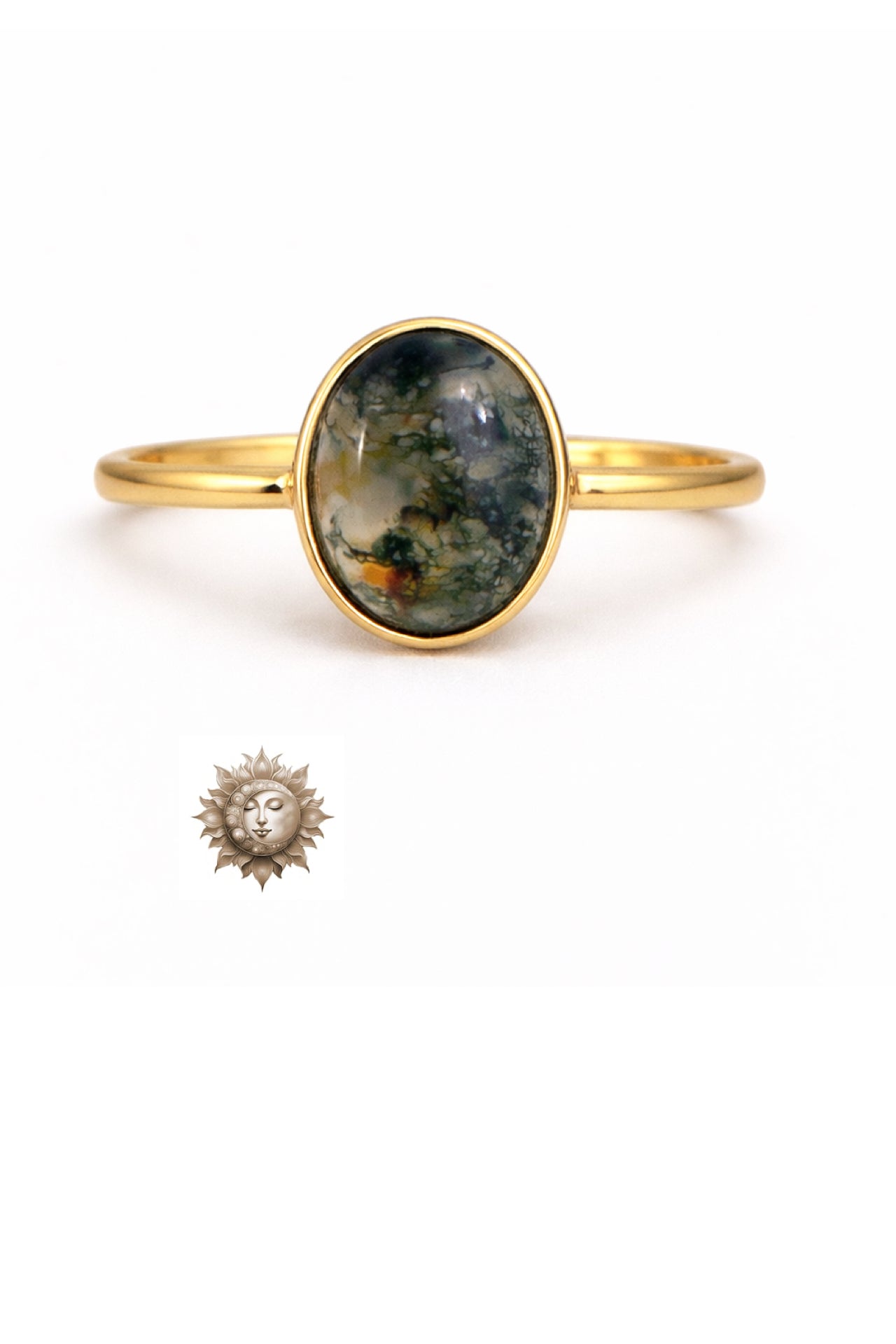 Moss Agate Oval Ring 18 Carat Gold Plated Sterling Silver Adjustable