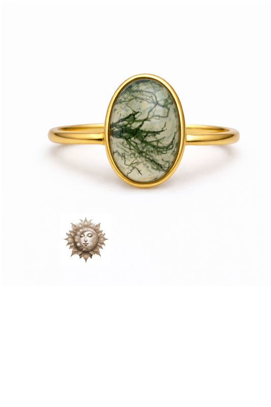 Moss Agate Oval 18 Carat Gold Plated 925 Sterling Silver Adjustable Ring