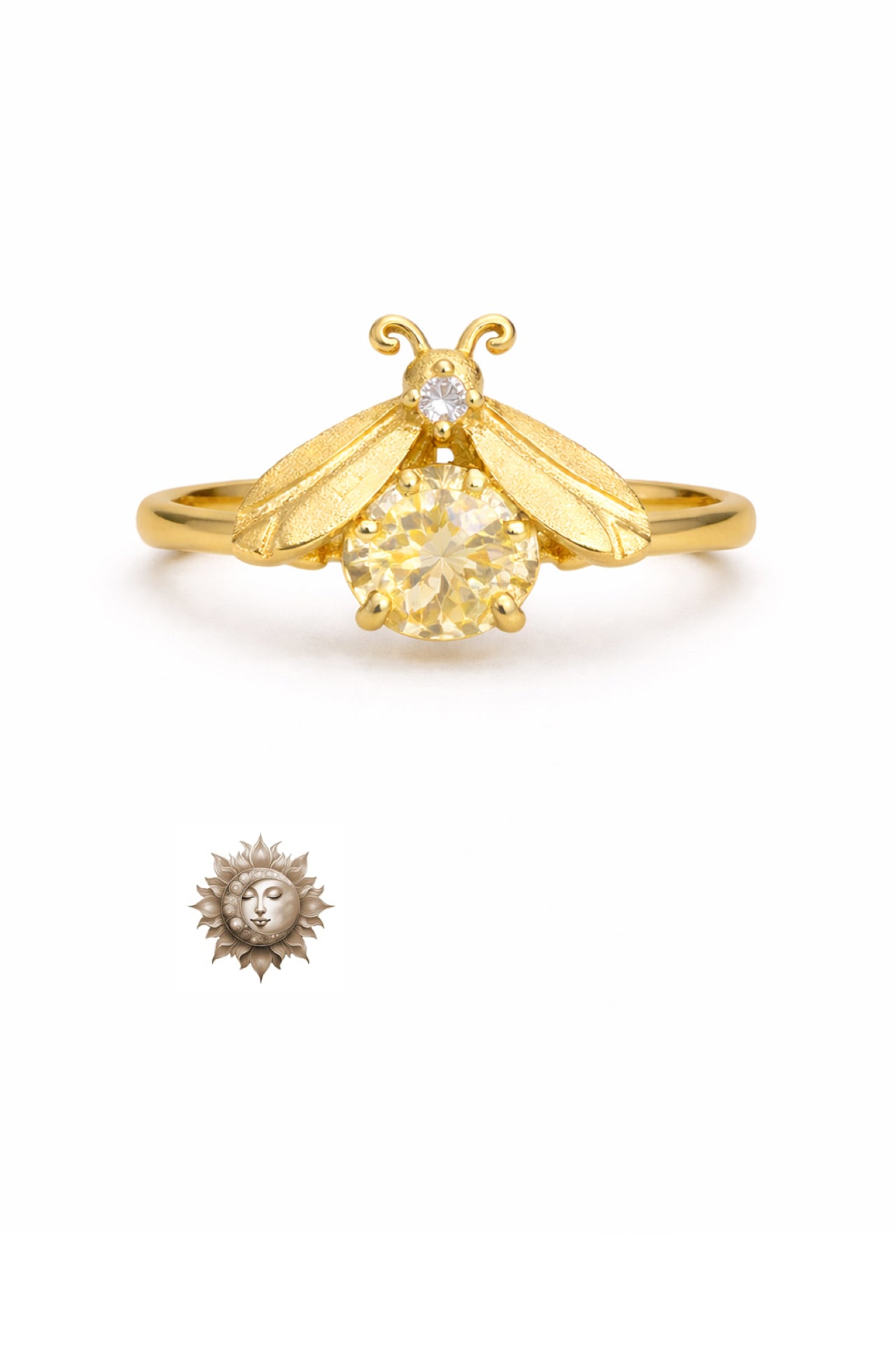 Citrine and Moissanite Bee Ring 18 Carat Gold Plated 925 Sterling Silver